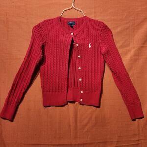 Polo Ralph Lauren Red Girl's Mini-Cable Knit Fitted Cardigan Classic Sz M (8-10)